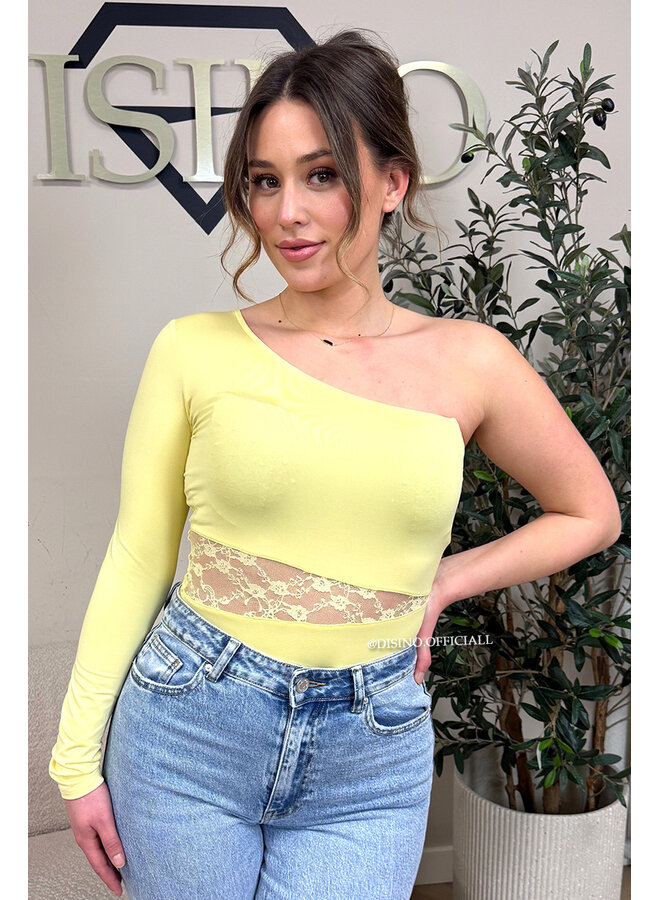 YELLOW - 'SELMA BODY' - LACE DETAIL ONE ARM BODYSUIT