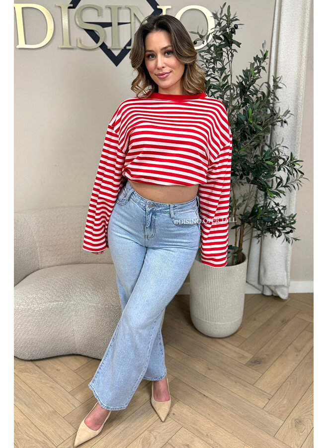 RED/WHITE - 'LEONI TEE' - STRIPED LONG SLEEVE TEE