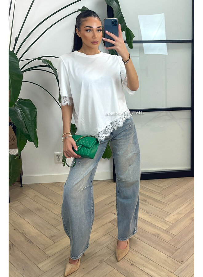 WHITE - 'LINA TEE' - LONG ASSYMETRIC LACE TEE