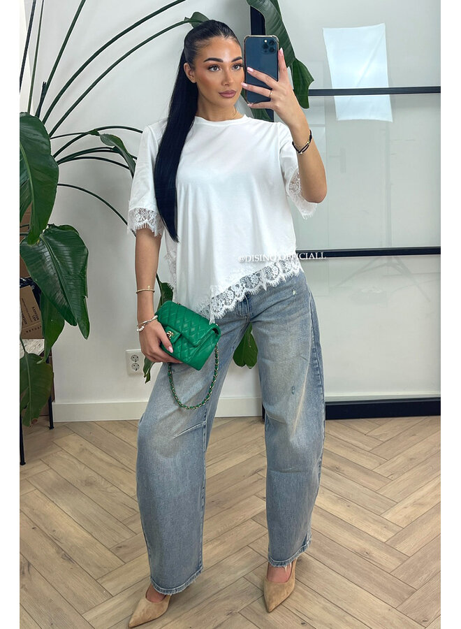 WHITE - 'LINA TEE' - LONG ASSYMETRIC LACE TEE