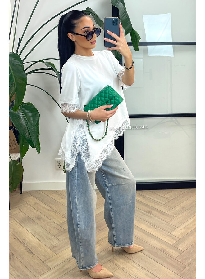 WHITE - 'LINA TEE' - LONG ASSYMETRIC LACE TEE