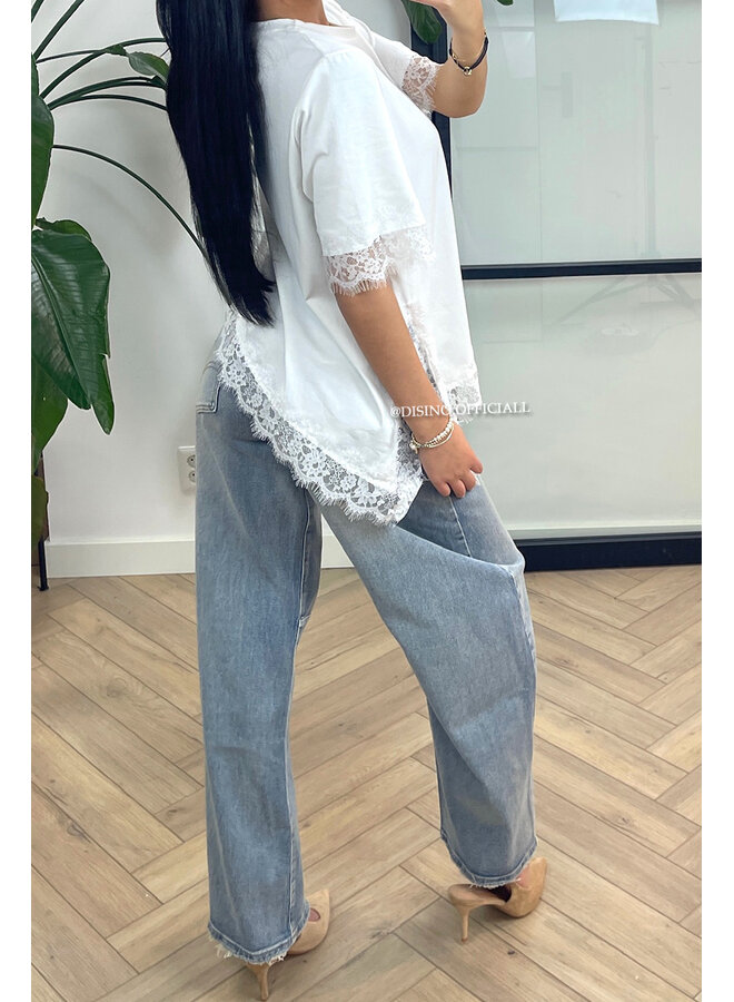 WHITE - 'LINA TEE' - LONG ASSYMETRIC LACE TEE