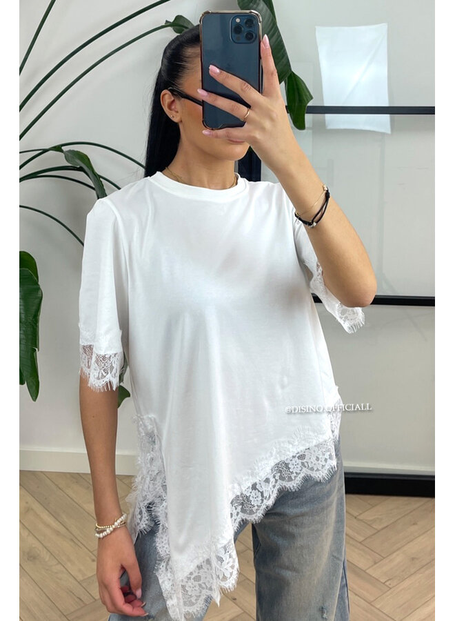 WHITE - 'LINA TEE' - LONG ASSYMETRIC LACE TEE