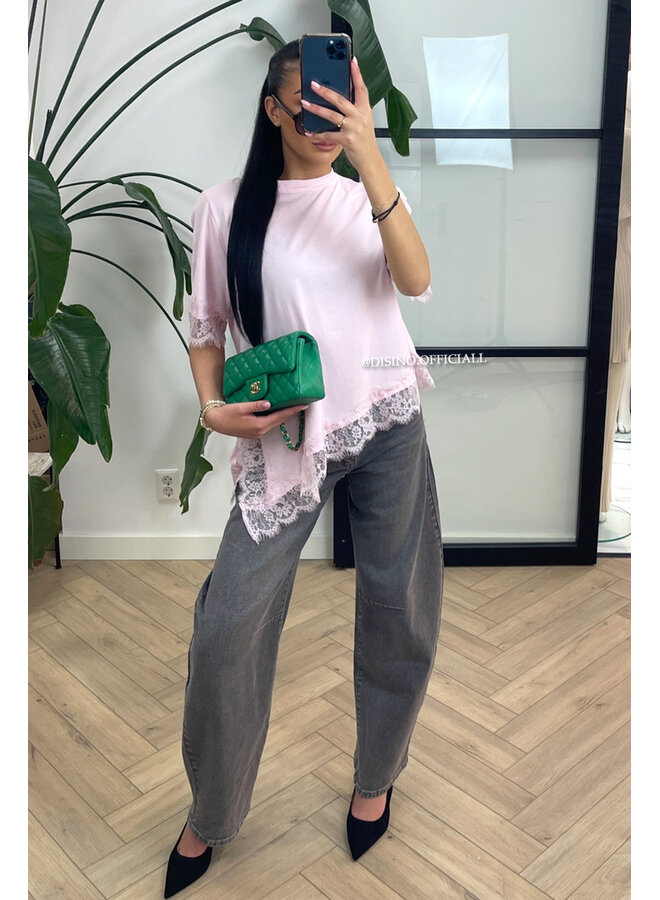PINK - 'LINA TEE' - LONG ASSYMETRIC LACE TEE