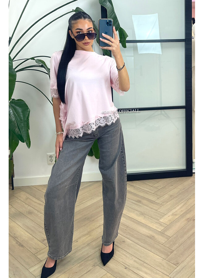 PINK - 'LINA TEE' - LONG ASSYMETRIC LACE TEE