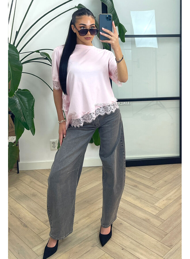 PINK - 'LINA TEE' - LONG ASSYMETRIC LACE TEE