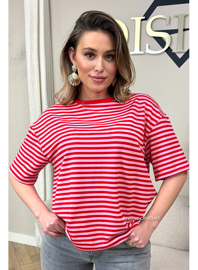 RED/PINK - 'LEONI SHORTSLEEVE TEE' - STRIPED OVERSIZED TEE