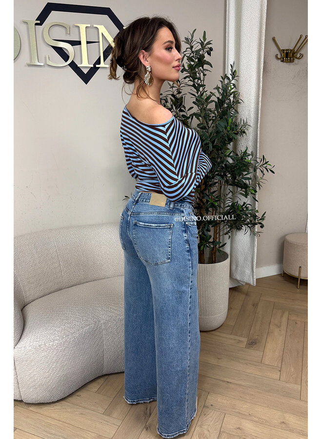 BLUE - 'LEANNE TOP' - STRIPED OFF SHOULDER LONGSLEEVE TOP