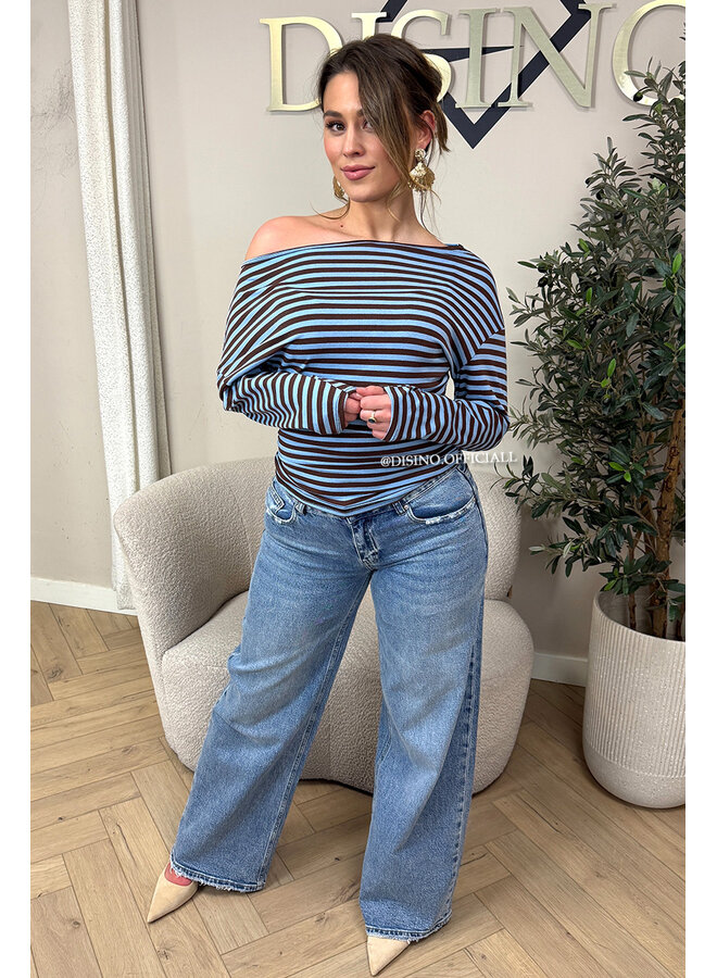 BLUE - 'LEANNE TOP' - STRIPED OFF SHOULDER LONGSLEEVE TOP