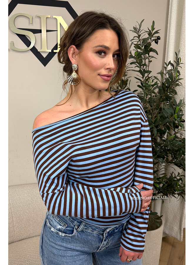 BLUE - 'LEANNE TOP' - STRIPED OFF SHOULDER LONGSLEEVE TOP