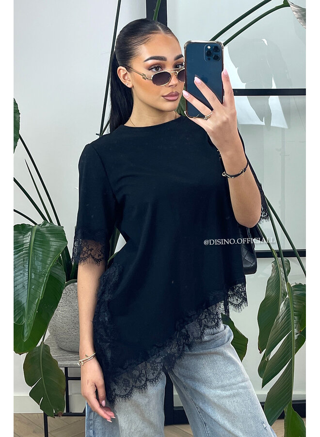 BLACK - 'LINA TEE' - LONG ASSYMETRIC LACE TEE
