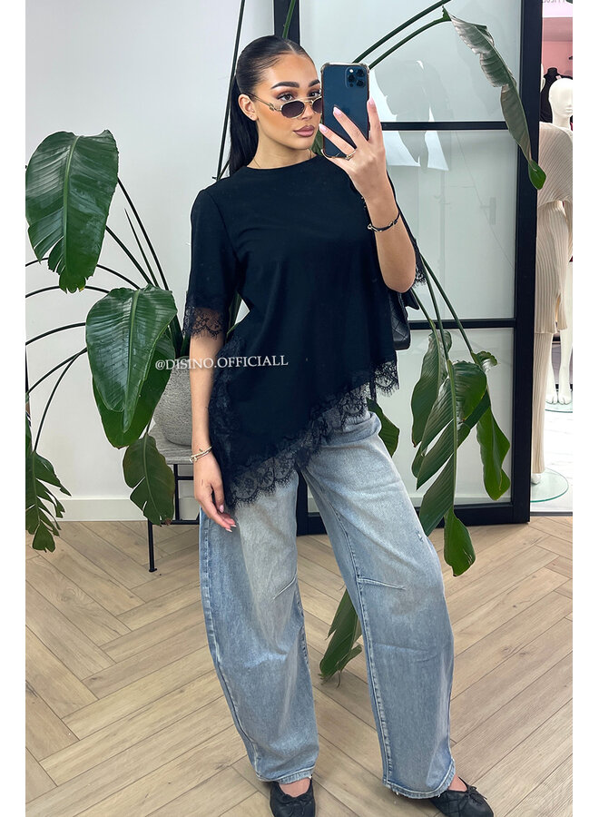 BLACK - 'LINA TEE' - LONG ASSYMETRIC LACE TEE