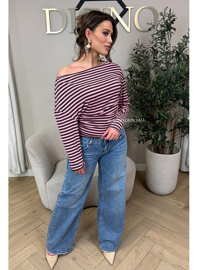 PINK - 'LEANNE TOP' - STRIPED OFF SHOULDER LONGSLEEVE TOP
