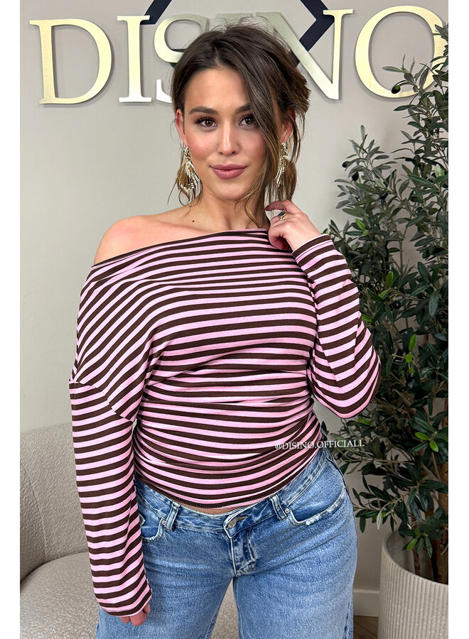 PINK - 'LEANNE TOP' - STRIPED OFF SHOULDER LONGSLEEVE TOP