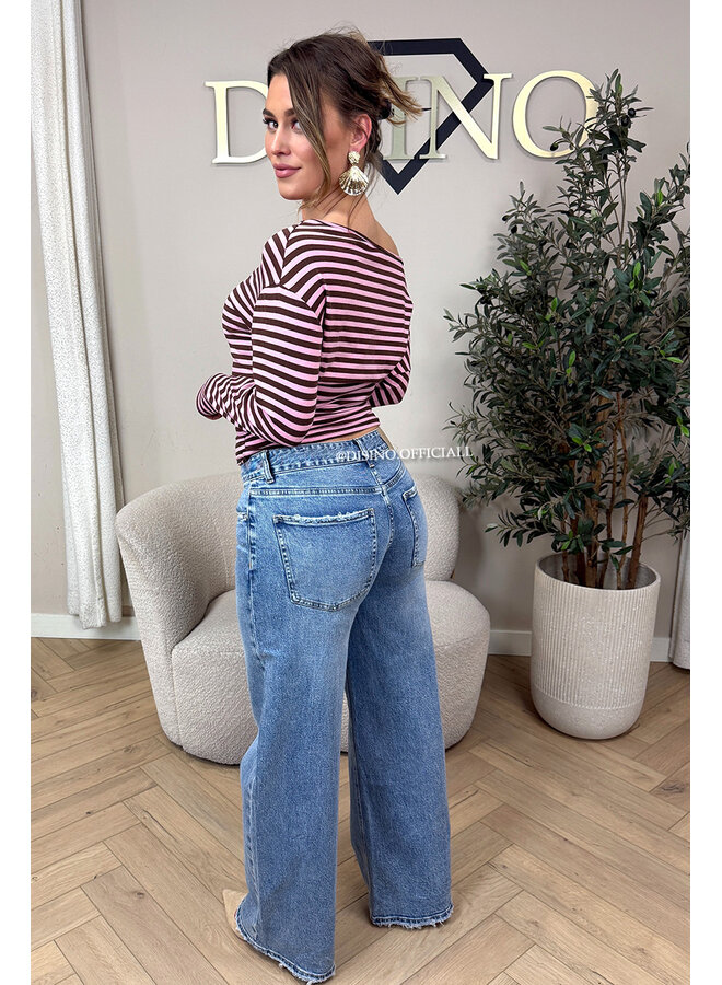 PINK - 'LEANNE TOP' - STRIPED OFF SHOULDER LONGSLEEVE TOP