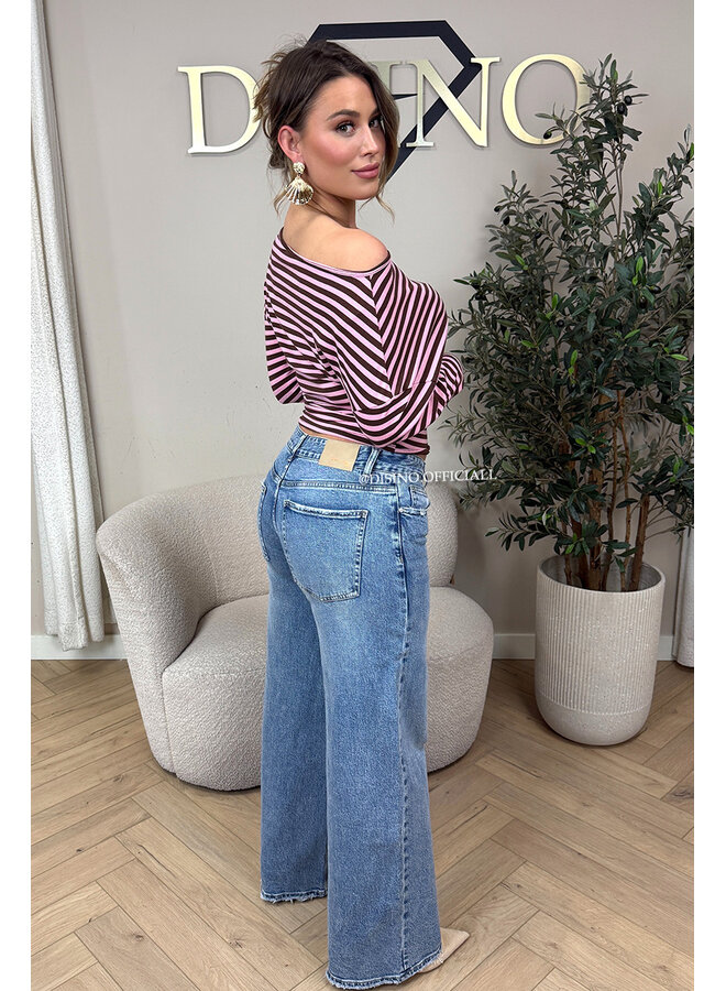 PINK - 'LEANNE TOP' - STRIPED OFF SHOULDER LONGSLEEVE TOP