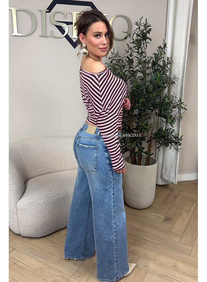 PINK - 'LEANNE TOP' - STRIPED OFF SHOULDER LONGSLEEVE TOP