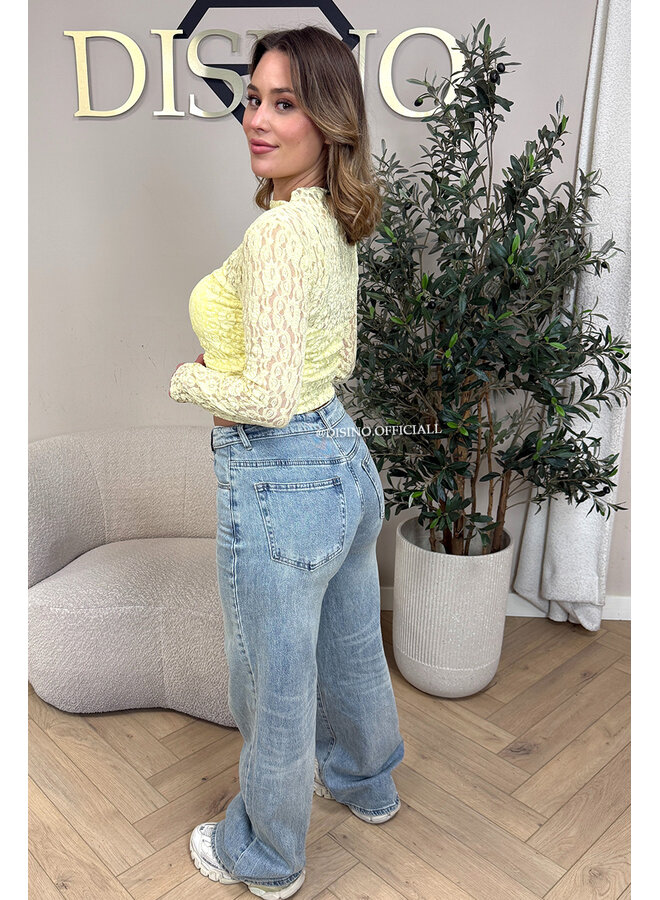 VINTAGE BLUE - 'LAUREN JEANS' - STRETCH FOLDED WAISTBAND WIDE LEG JEANS