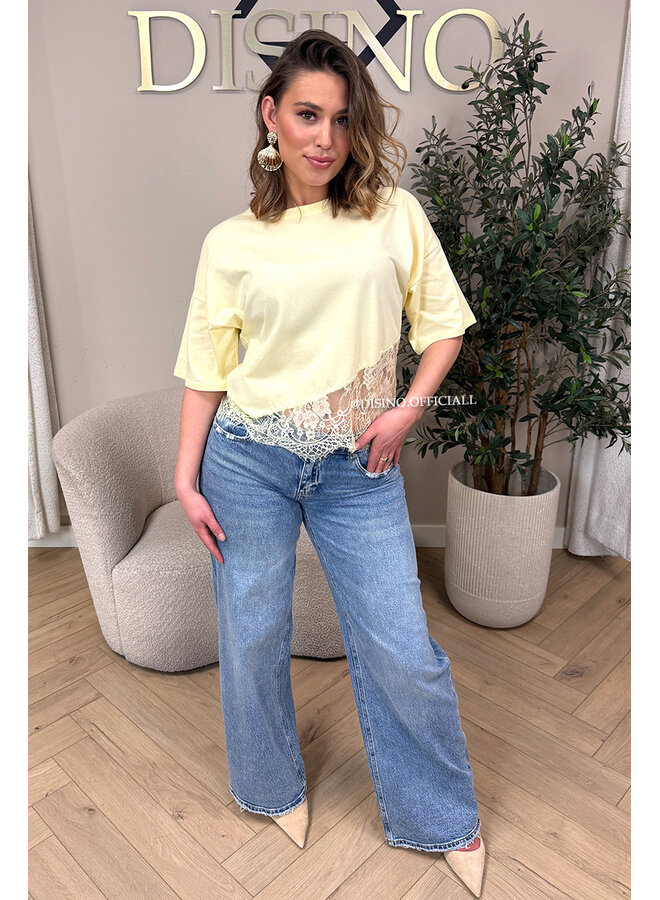 YELLOW - 'ELODIE TEE' - ASSYMETRIC CROPPED LACE TEE