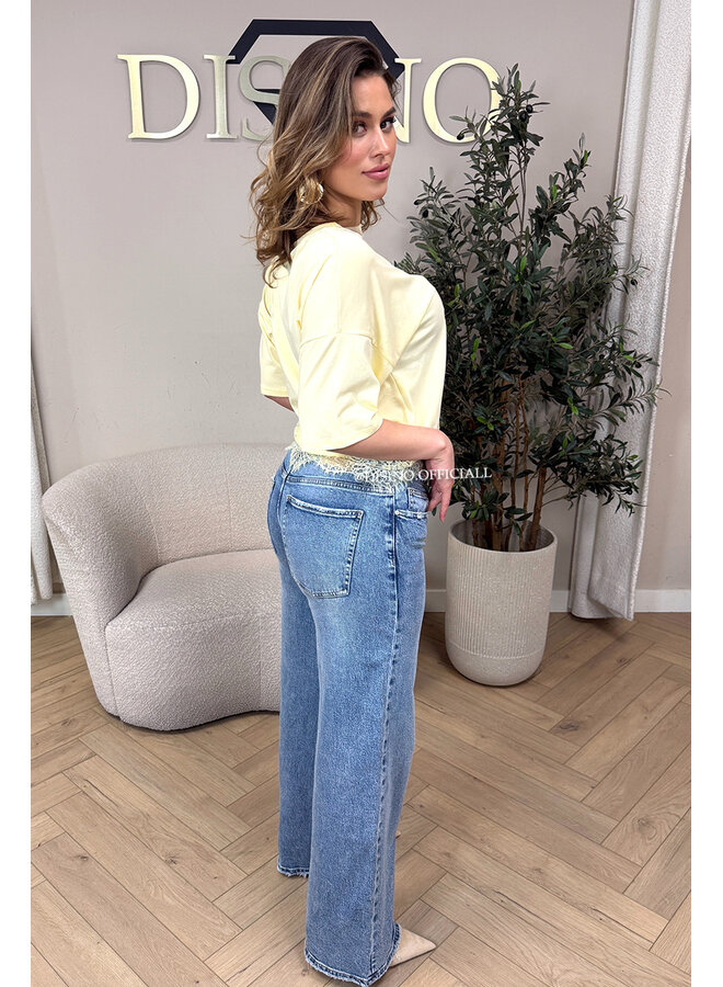 YELLOW - 'ELODIE TEE' - ASSYMETRIC CROPPED LACE TEE