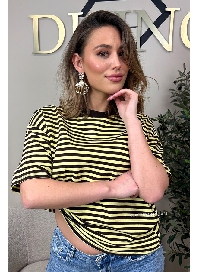 YELLOW/CHOCO - 'LEONI SHORTSLEEVE TEE' - STRIPED OVERSIZED TEE