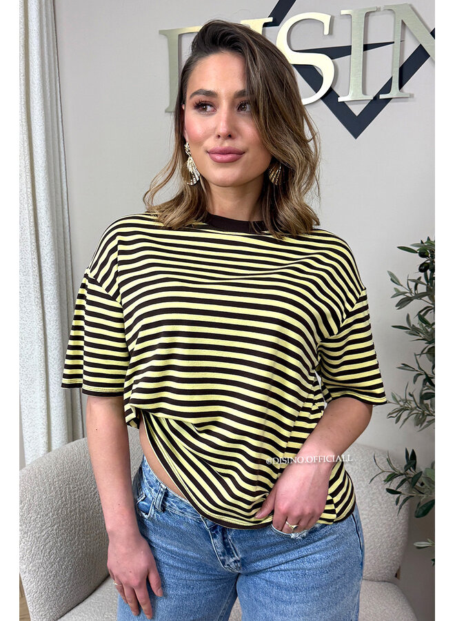 YELLOW/CHOCO - 'LEONI SHORTSLEEVE TEE' - STRIPED OVERSIZED TEE