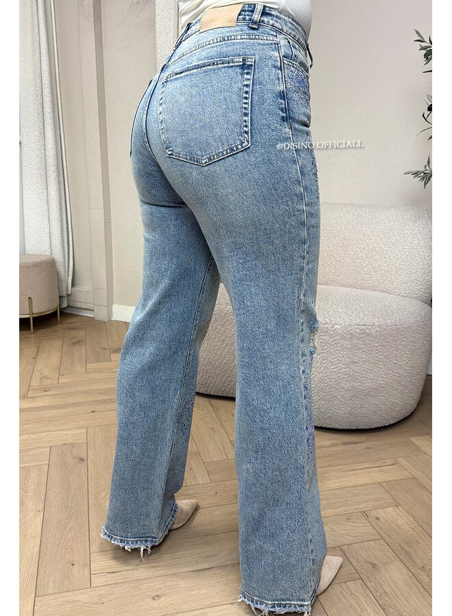 BLUE - 'OCEAN JEANS' - STRETCH DIAMONDS ALL OVER WIDE LEG JEANS