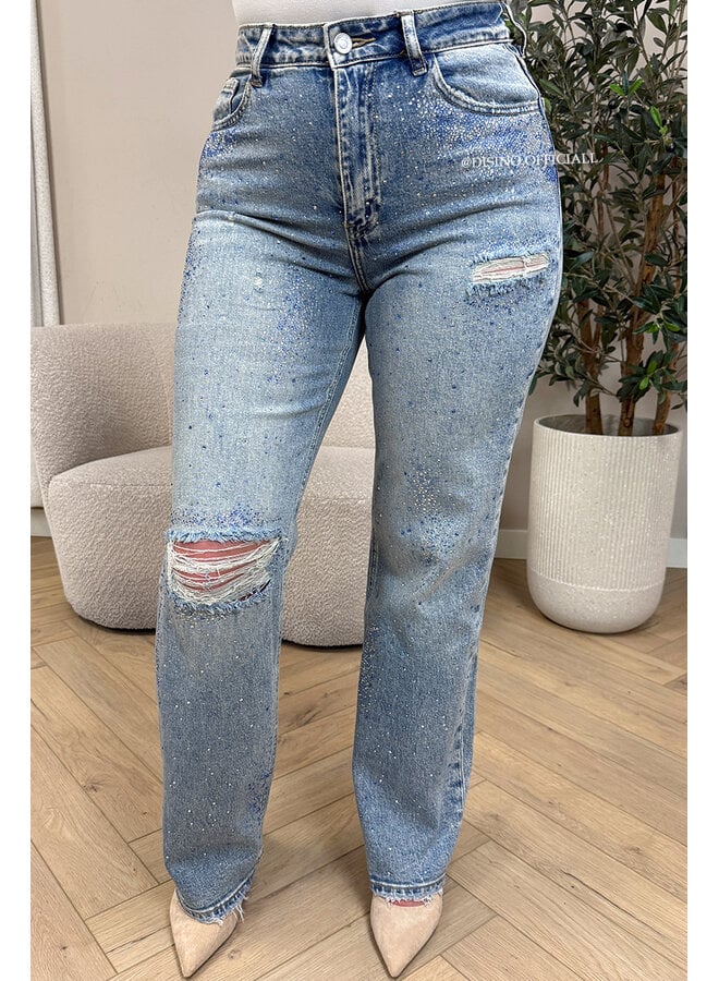 BLUE - 'OCEAN JEANS' - STRETCH DIAMONDS ALL OVER WIDE LEG JEANS
