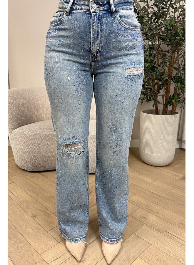 BLUE - 'OCEAN JEANS' - STRETCH DIAMONDS ALL OVER WIDE LEG JEANS