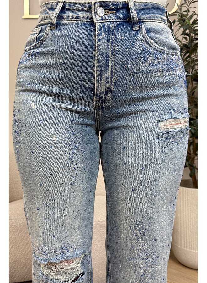 BLUE - 'OCEAN JEANS' - STRETCH DIAMONDS ALL OVER WIDE LEG JEANS