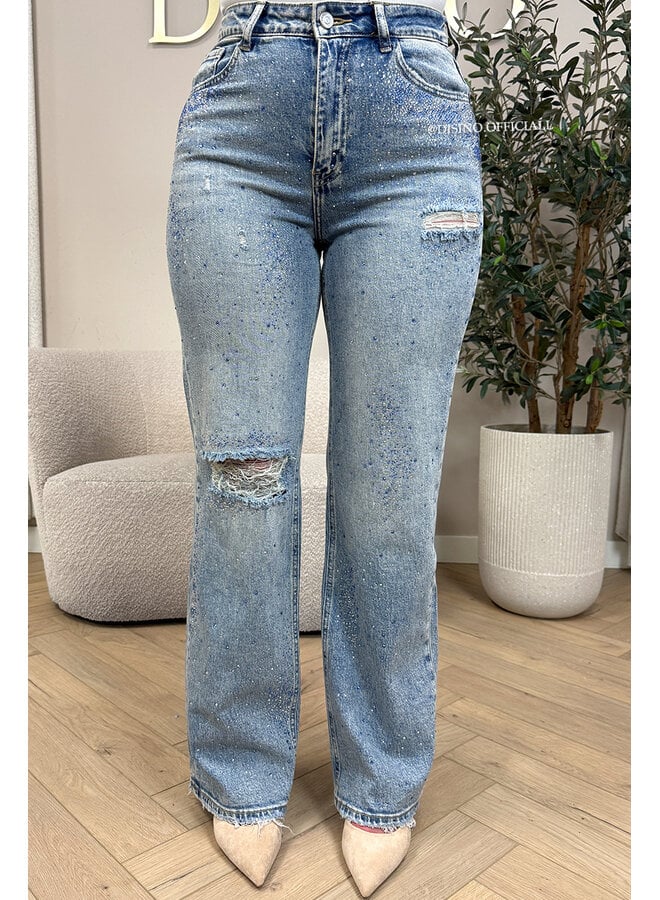 BLUE - 'OCEAN JEANS' - STRETCH DIAMONDS ALL OVER WIDE LEG JEANS