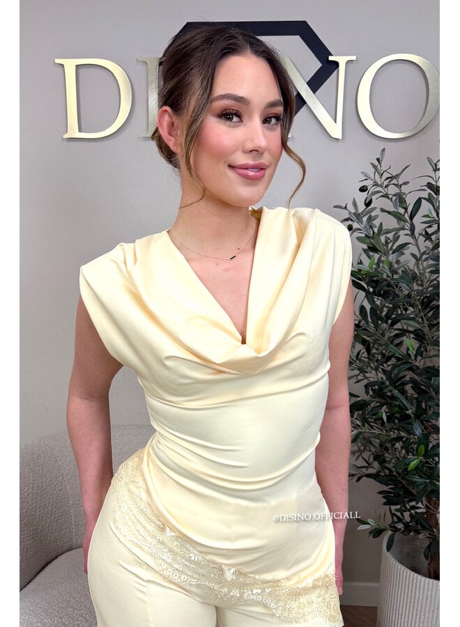 YELLOW - 'YASEMIN SET' - STRETCH SATIN LACE DETAIL TOP + PANTS SET