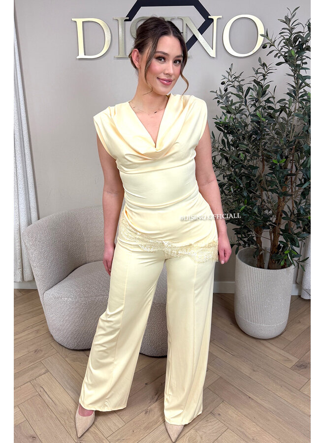 YELLOW - 'YASEMIN SET' - STRETCH SATIN LACE DETAIL TOP + PANTS SET