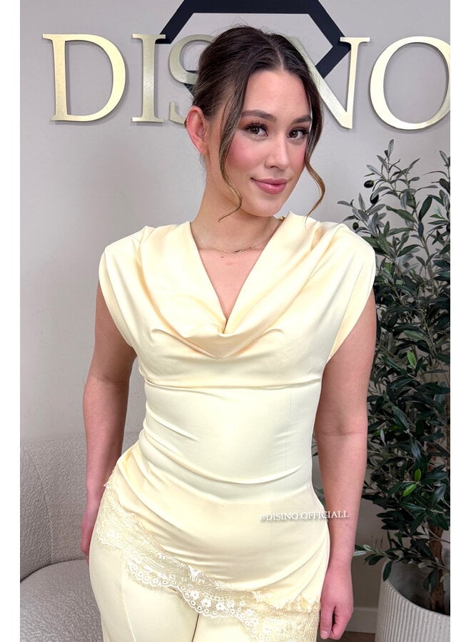 YELLOW - 'YASEMIN SET' - STRETCH SATIN LACE DETAIL TOP + PANTS SET