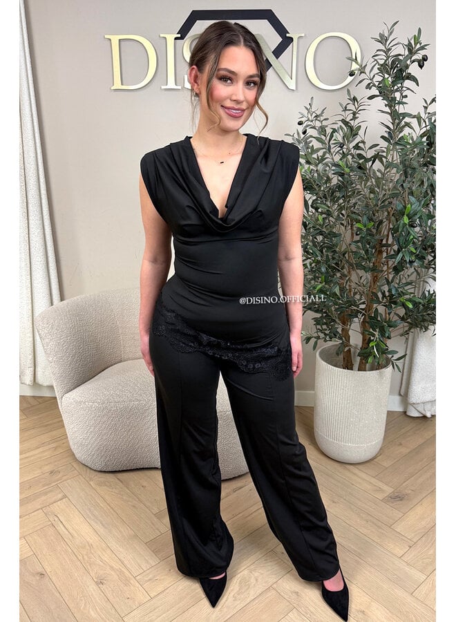 BLACK - 'YASEMIN SET' - STRETCH SATIN LACE DETAIL TOP + PANTS SET