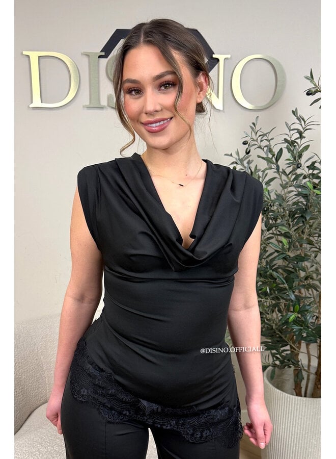 BLACK - 'YASEMIN SET' - STRETCH SATIN LACE DETAIL TOP + PANTS SET