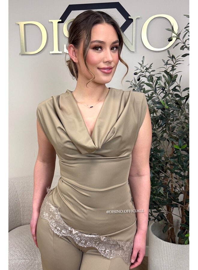 TAUPE - 'YASEMIN SET' - STRETCH SATIN LACE DETAIL TOP + PANTS SET