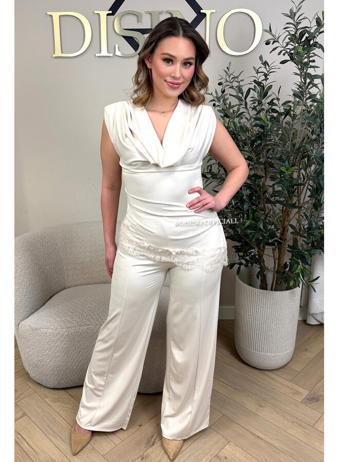 BEIGE - 'YASEMIN SET' - STRETCH SATIN LACE DETAIL TOP + PANTS SET