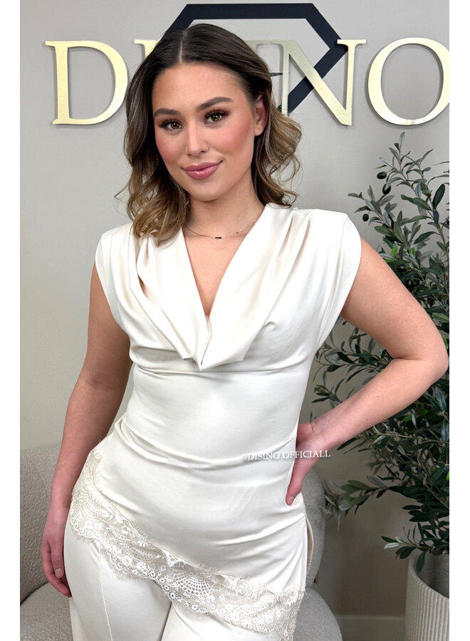 BEIGE - 'YASEMIN SET' - STRETCH SATIN LACE DETAIL TOP + PANTS SET