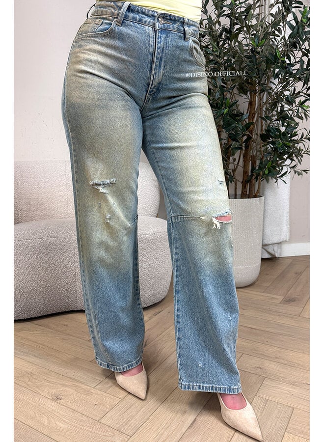 DIRTY WASH - 'LYON JEANS' - HIGH WAIST RIPPED STRETCH BARREL JEANS