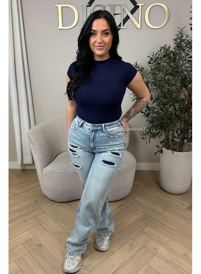 VINTAGE BLUE - 'MUNICH' - STRETCH FRONT RIPPED WIDE LEG JEANS