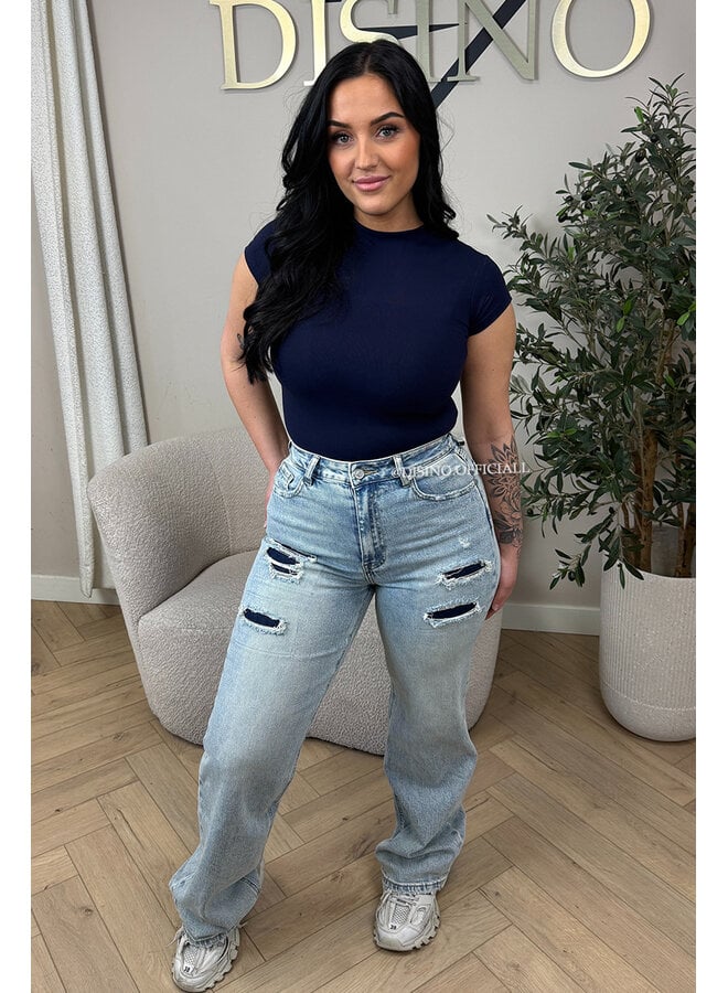 VINTAGE BLUE - 'MUNICH' - STRETCH FRONT RIPPED WIDE LEG JEANS