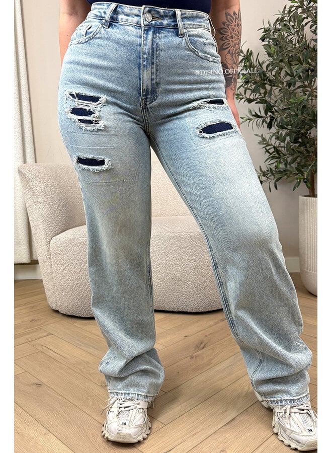 VINTAGE BLUE - 'MUNICH' - STRETCH FRONT RIPPED WIDE LEG JEANS