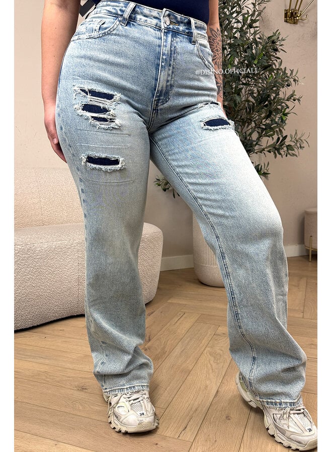 VINTAGE BLUE - 'MUNICH' - STRETCH FRONT RIPPED WIDE LEG JEANS