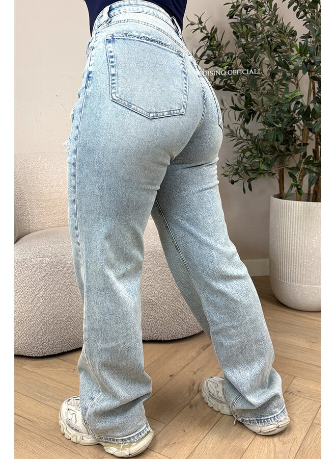 VINTAGE BLUE - 'MUNICH' - STRETCH FRONT RIPPED WIDE LEG JEANS