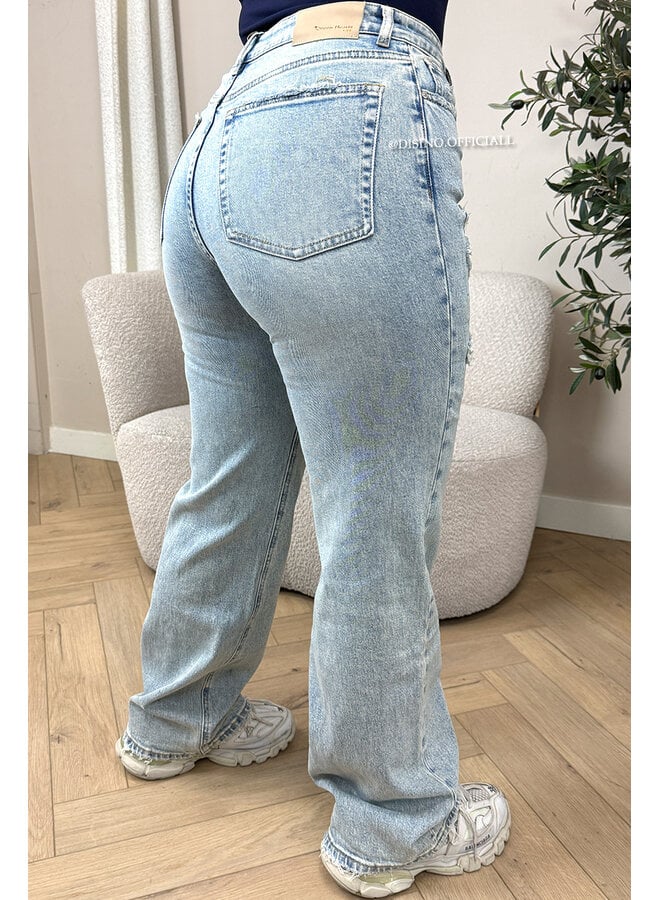 VINTAGE BLUE - 'MUNICH' - STRETCH FRONT RIPPED WIDE LEG JEANS