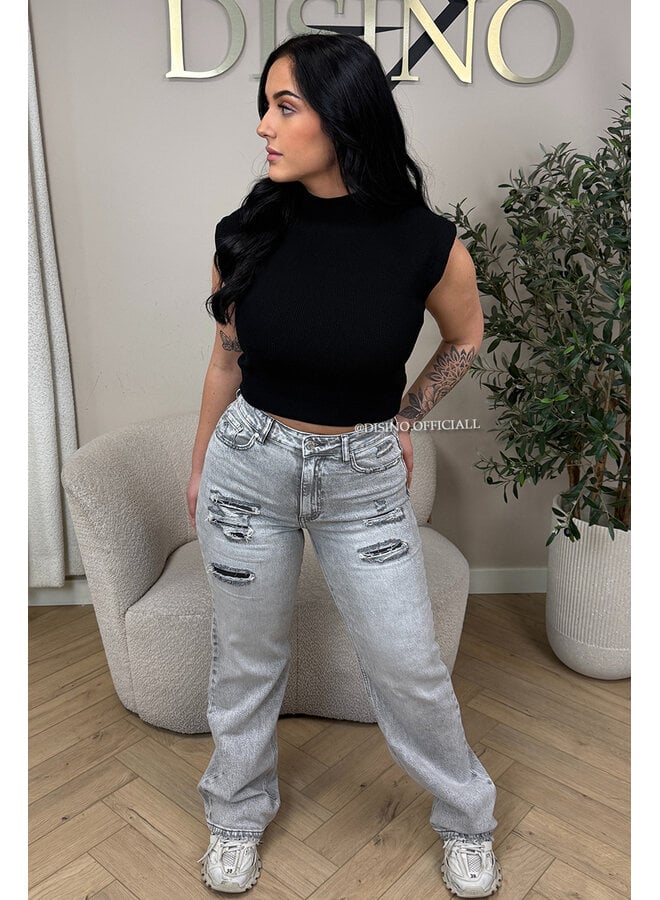 GREY - 'MUNICH' - STRETCH FRONT RIPPED WIDE LEG JEANS