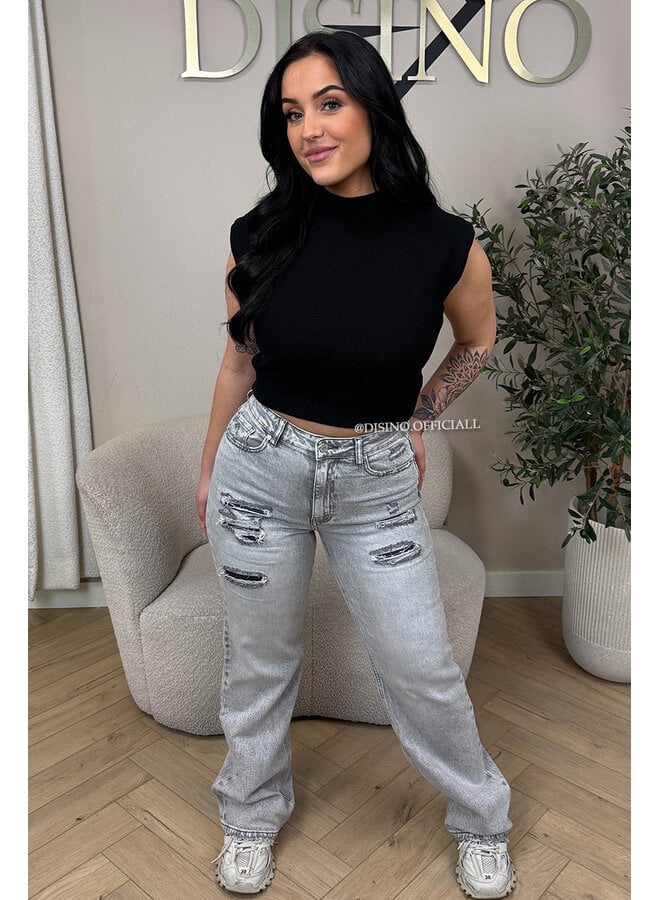 GREY - 'MUNICH' - STRETCH FRONT RIPPED WIDE LEG JEANS