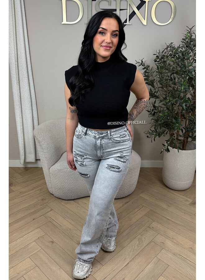 GREY - 'MUNICH' - STRETCH FRONT RIPPED WIDE LEG JEANS