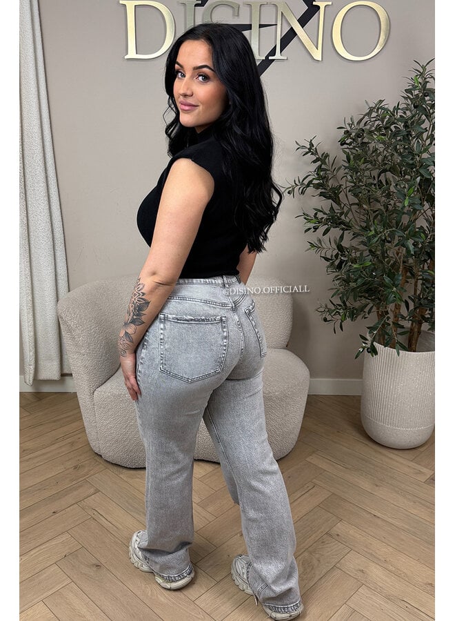 GREY - 'MUNICH' - STRETCH FRONT RIPPED WIDE LEG JEANS